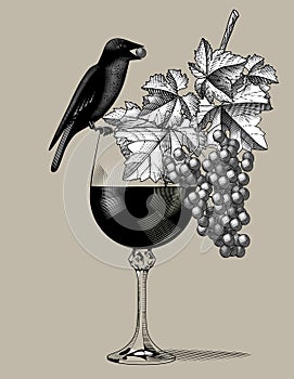 Glass with dark wine, bunch of grapes with leaves and black bird