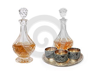 Glass decanter and three vintage Melchior cups