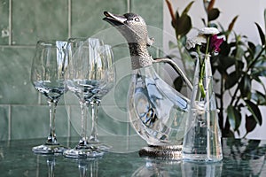 Glass decanter and wine glasses photo