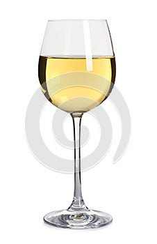 Glass of delicious expensive wine on white