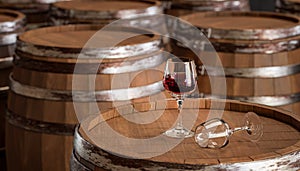 Glass with delicious red wine on wooden barrel. Wine Barrels in Cellar. Red Wine with Old Barrel Wooden Background