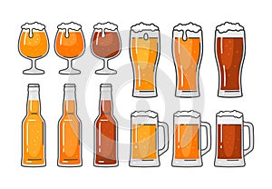 Glass with different types beer - lager, ale, stout. Vintage vector flat illustration