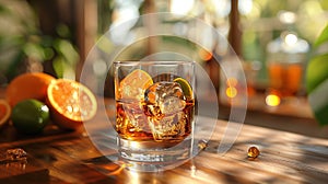 Glass of Disaronno on the rocks with orange slices, sitting on a table photo