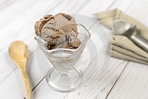 Glass dish of chocolate ice cream