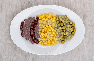 Glass dish with green peas, beans, sweet corn on table