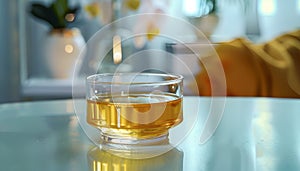 Glass dish with urine sample on table. Urology concept