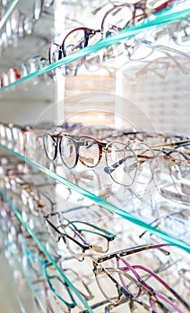 Glass display case with dioptric glasses. copy space