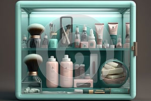 glass display case filled with beauty products, including hair and skin care items