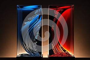 Glass display red blue water wave square stand art