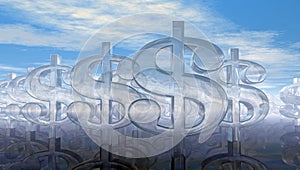 Glass dollar symbols under cloudy blue sky