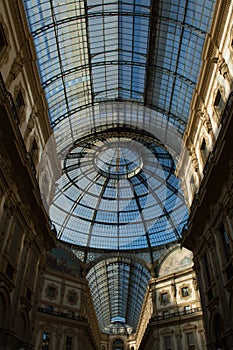 Glass dome in the center of the Galleria Vittorio Emanuele in Milan. Vertical, nobody