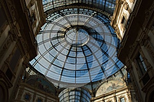 Glass dome in the center of the Galleria Vittorio Emanuele in Milan. Horizontal, nobody