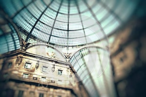 Glass dome of Galleria Vittorio Emanuele II shopping gallery. Milan, Italy.