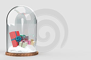 Glass Dome with gifts boxes. Holiday banner, flyer and brochure, mock up holiday decorative festive object. Celebrate birthday,