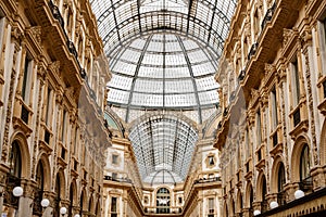 Glass dome of the Victor Emmanuel Gallery in the Piazza Duomo. Milan, Italy