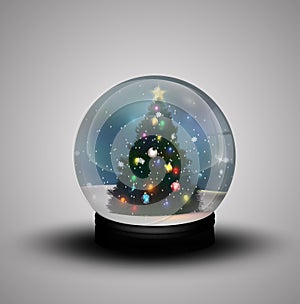 Glass dome winter with realistic Christmas snow globe with christmas tree