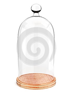 Glass dome on the wooden plate on white background photo