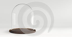 Glass dome with wooden tray on white background