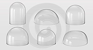 Glass domes. 3D Realistic spherical and hemisphere kitchen utensils, bell jars, laboratory and exhibition cases. Vector photo