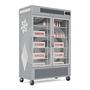 Glass Door Pharmacy Refrigerator with vaccine ampoules, 3D rendering