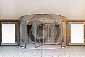 Glass doors of corporate building, posters, toned