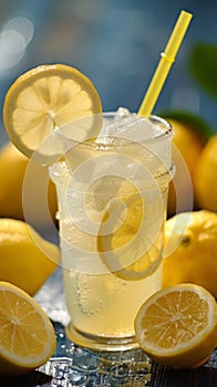 A glass of a drink with lemon slices and straws, AI
