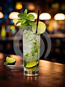 a glass with a drink and a straw and lime slices