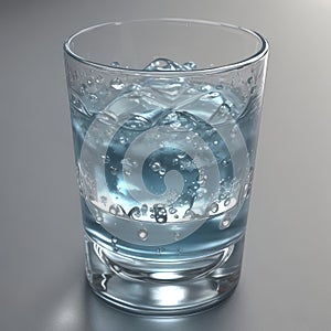 Glass of drinking water with bubbles on a gray background. Pure sparkling water with ice, close-up.