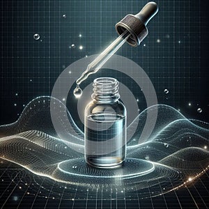 Glass dropper dispensing liquid on a transparent background, h