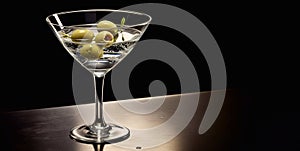 Glass of dry martini cocktail with olives on bar table.Macro.AI Generative