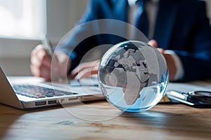 Glass earth on desk in business concept photo, representing global commerce and corporate responsibility