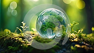 glass earth globe in lush forest, green energy and environmentalism concept