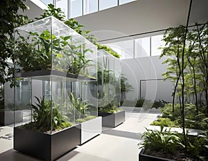 Glass Ecology Cube: Modernity and Nature Integration - AI generated image