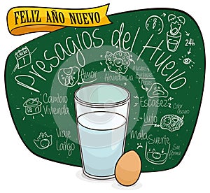 Glass and Egg Depicting the Colombian Omens in a Chalkboard, Vector Illustration