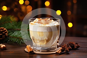 Glass of eggnog covered with layer of whipped cream. Traditional Christmas drink is decorated with cinnamon sticks