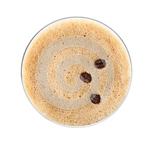 Glass of Espresso Martini with coffee beans, top view. Alcohol cocktail