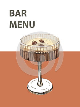 Glass of espresso martini with coffee grain. Watercolor hand-drawn illustration isolated on white background. Perfect