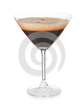 Glass of Espresso Martini on white. Alcohol cocktail