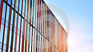 Blue curtain wall made of toned glass and steel constructions under blue sky. A fragment of a building.