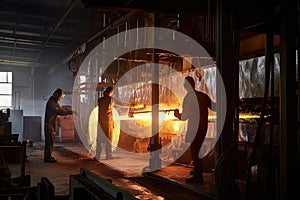 Glass factory with molten glass being blown and shaped, workers in protective gear handling the delicate material, furnace glowing