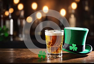 Glass of festive beer and clover shamrock with green hat on wooden pub table. Blurred background with lights. St