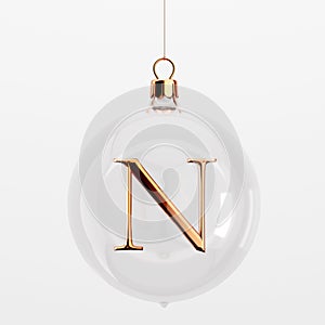 Glass festive christmas hanging baubles. With gold letter N. 3D Rendering