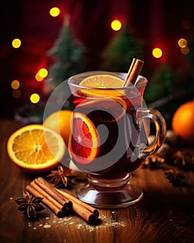 Glass of festive Christmas hot mulled wine with aromatic spices, cinnamon, anise and orange slices