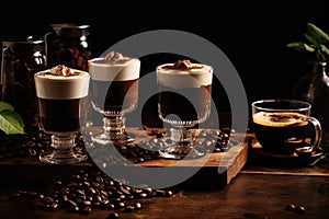 A glass filled with a coffee-based delight, presented against a dark, sumptuous backdrop, evoking an atmosphere of photo