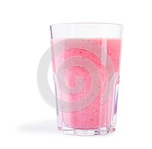 A glass filled with a delicious pink strawberry smoothie. Strawberry yogurt isolated on a white background. Summer desserts.