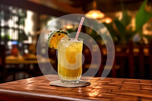 a glass filled with freshly squeezed pineapple juice set against the backdrop of a busy bar.