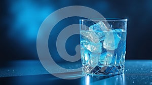 A glass filled with ice and a blue liquid, set against a deep blue backdrop photo