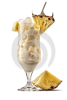 A glass filled with ice cream and a slice of pineapple, resembling a Pina Colada cocktail, isolated on a white background