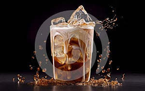 A glass filled with iced coffee against a dark background photo