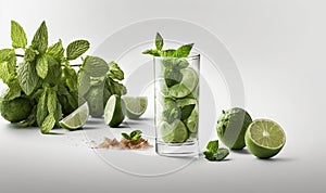 a glass filled with limes and mints next to a pile of mints